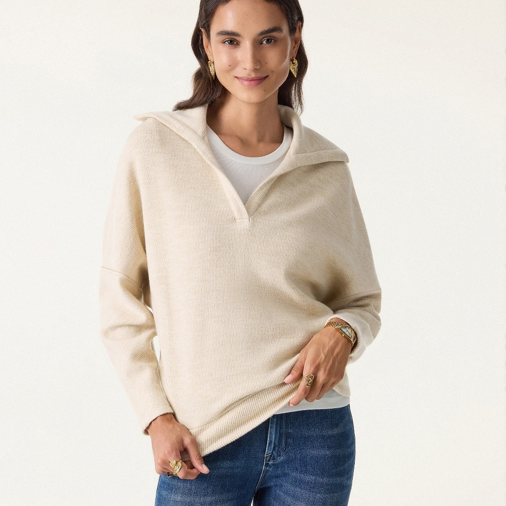 NWT!! $69 OGL Cozy Collared V-Neck Batwing Sleeve Pullover in Heather Taupe S - Picture 3 of 14